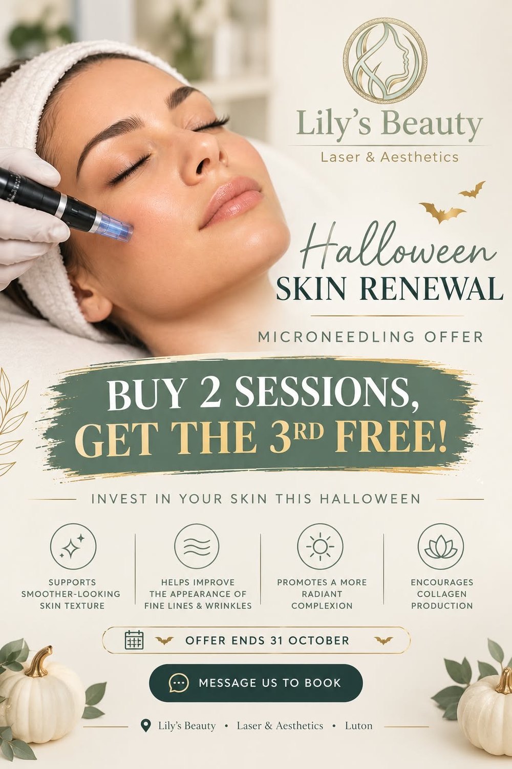 Halloween Skin Renewal — microneedling offer: buy 2 sessions, get the 3rd free